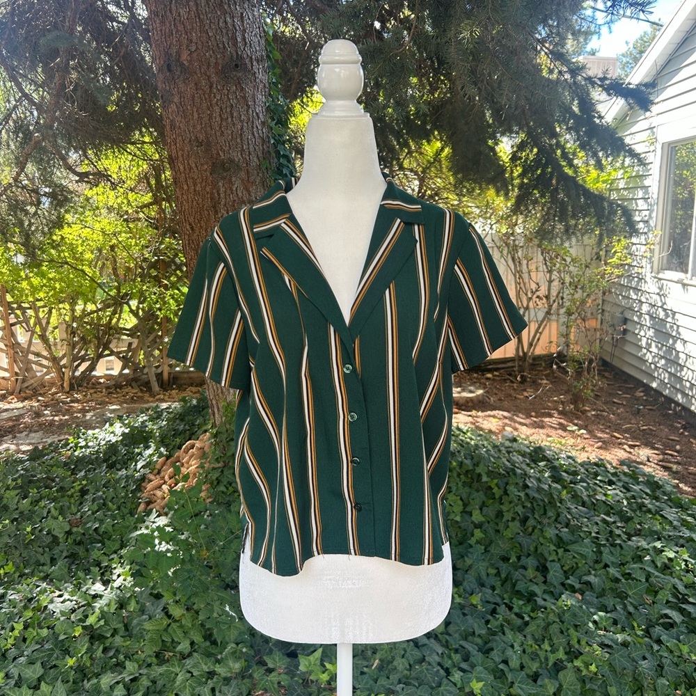 Forever 21 Green Striped Retro Button Up Shirt M